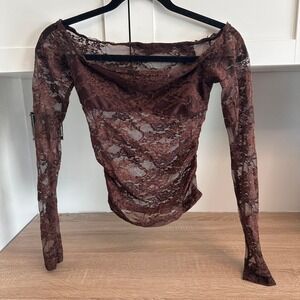 Brown Sheer Monochromatic Floral Lace Off The Shoulder Ruched Long Sleeve Top S